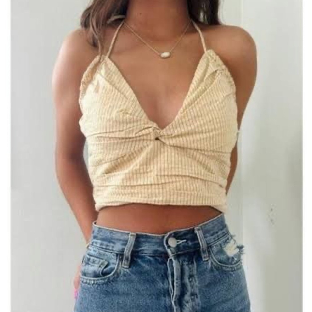Zara pinstriped halter cropped top neutral beige size Xs blogger